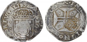 D. Afonso VI - Carimbo sobre Meio Cruzado

Carimbo "2S0 Coroado" sobre Meio Cruzado de D. João IV (G.86.04), G.42.03, 10,59g, BC+