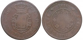 Angola - D. João Príncipe Regente - 2 Macutas 1816

2 Macutas 1816, recunhada sobre Macuta 1783/1786, de D. Maria I e D. Pedro III, G.04.02, BC+