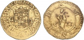Índia - D. Filipe III - S. Tomé 1633

Ouro - S. Tomé 1633, G-A, Goa, Extremamente Rara, G.30.03, FV F3.02, KM.62, 3,33g, MBC+