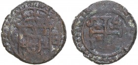Índia - D. João IV - 4 Bazarucos 1654

4 Bazarucos 1654, C-B, Chaul e Baçaim, Rara, G.01.01, FV J4.61, KM.4, 4,49g, BC/MBC