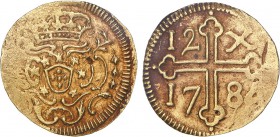 Índia - D. Maria I e D. Pedro III - 12 Xerafins 1784

Ouro - 12 Xerafins 1784, Goa, G.14.04, FV M1.06, KM.187, 4,85g, MBC+