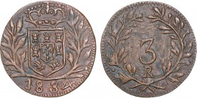 Índia - D. Maria II - Ensaio 3 Réis 1834

Ensaio 3 Réis 1834, Cobre, Goa, Rara, G.E1.01, FV M2.12, KM.Pn.1, 2,08g, MBC+