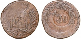Índia - D. Maria II - Carimbo sobre Meia Tanga 1840

Carimbo "30" sobre Meia Tanga 1840, Damão, Rara, G.falta, FV M2.73, 18,82g, BC+