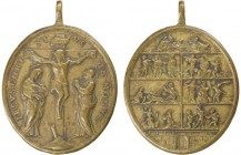 Medalha religiosa do séc. XVIII:

Crucificação de Jesus / Cenas da Paixão de Jesus. Oval 45x40 mm, bronze, MBC+