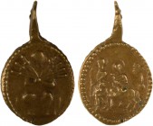 Medalha religiosa do séc. XVIII:

Nossa Senhora das Dores / A fuga para o Egito. Oval 15x26mm, bronze, (suspensão inferior perdida).MBC+