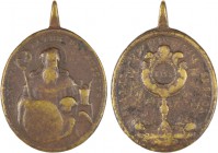 Medalha religiosa do séc. XVIII:

S. Bento de Núrsia / Custódia com o Santíssimo Sacramento. Oval 31x44mm, bronze, BC