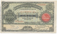Paper Money - Angola (Colony) - 1000 Réis 1.3.1909

Banco Nacional Ultramarino - 1000 Réis, 1.3.1909, stamp FILIAL EM LOANDA, JS A34, Cat 27, Almost...