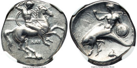 CALABRIA. Tarentum. Ca. 302-280 BC. AR didrachm (20mm, 7.84 gm, 12h). NGC AU 5/5 - 4/5, Fine Style. Dai- and Phi-, magistrates. Warrior on horseback r...