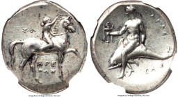 CALABRIA. Tarentum. Ca. 302-280 BC. AR didrachm (23mm, 7.95 gm, 1h). NGC AU 4/5 - 4/5, Fine Style. Arethon, Sa-, and Kas, magistrates. Nude youth on h...