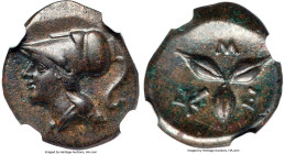 LUCANIA. Metapontum. Ca. 300-250 BC. AE (16mm, 2.00 gm, 7h). NGC AU S 5/5 - 5/5. Head of Athena left, wearing crested Corinthian helmet pushed back on...