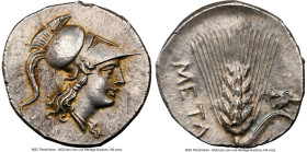 LUCANIA. Metapontum. Time of Hannibal, ca. 215-207 BC. AR half-shekel (19mm, 3.82 gm, 10h). NGC Choice AU S 5/5 - 4/5. Head of Athena right, wearing c...