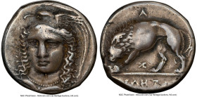 LUCANIA. Velia. Ca. 340-300 BC. AR didrachm (19mm, 7.50 gm, 5h). NGC VF 5/5 - 4/5, Fine Style. Ca. 334-300 BC, dies signed by Kleudorus. Head of Athen...