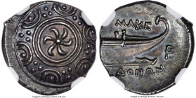 MACEDONIAN KINGDOM. Ca. 187-168 BC. AR tetrobol (15mm, 2.12 gm, 1h). NGC AU 5/5 - 4/5. Pella or Amphipolis. Macedonian shield with six rotating cresce...