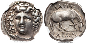 THESSALY. Larissa. 4th century BC. AR drachm (19mm, 5.99 gm, 5h). NGC XF 5/5 - 4/5, Fine Style, light marks. Head of nymph Larissa facing, turned slig...