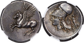 CORINTHIA. Corinth. Ca. 4th century BC. AR stater (21mm, 8.56 gm, 4h). NGC AU S 5/5 - 5/5. Ca. 375-300 BC. Pegasus flying left; Ϙ below / Head of Athe...