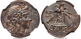 PONTUS. Amisus. Mithradates VI Eupator (ca. 85-65 BC). AE (22mm, 8.18 gm, 11h). NGC MS S 5/5 - 5/5. Head of Dionysus right, wearing mitra and wreathed...