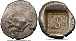 LYCIAN DYNASTS. Uteves (ca. 480 BC). AR third-stater (14mm, 2.55 gm, 1h). NGC Choice XF S 5/5 - 4/5. Forepart of boar left with dotted truncation and ...