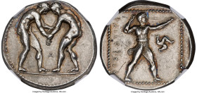 PAMPHYLIA. Aspendus. Ca. 380-225 BC. AR stater (22mm, 10.88 gm, 1h). NGC Choice XF 5/5 - 3/5, brushed, overstruck. Two nude male wrestlers grappling, ...