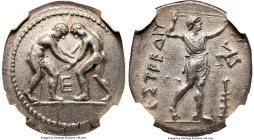 PAMPHYLIA. Aspendus. Ca. 325-250 BC. AR stater (23mm, 10.39 gm, 12h). NGC AU S 5/5 - 4/5. Two wrestlers grappling; E between, all within dotted circle...