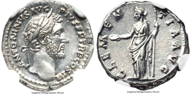 Antoninus Pius (AD 138-161). AR denarius (18mm, 3.54 gm, 7h). NGC Choice AU S 5/...