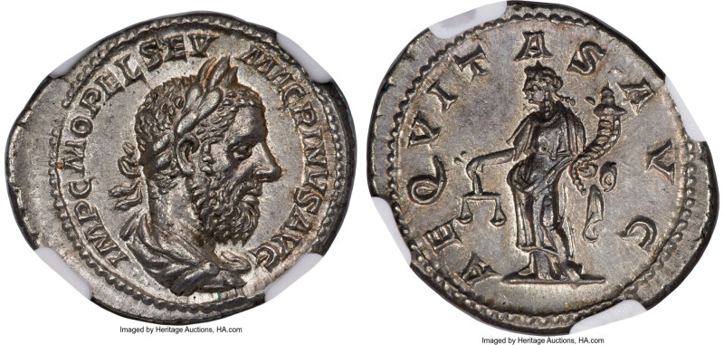 Macrinus (AD 217-218). AR denarius (21mm, 4.65 gm, 11h). NGC Choice AU S 5/5 - 5...