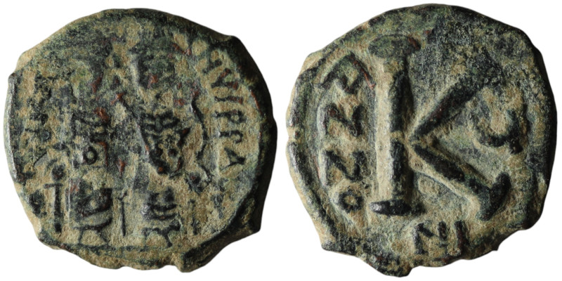 Justin II with Sophia (AD 565-578). Nicomedia. dated RY 5 = 569/70
AE Half Folli...