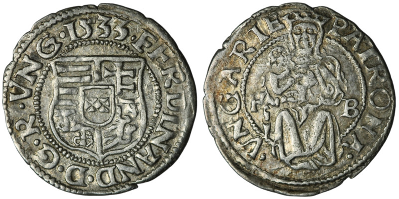 HUNGARY. Ferdinand I (AD 1526-1564). Kremnitz
AR Denar 1533 (16mm, 0,52g)