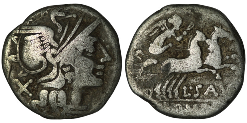 L. Saufeius (152 BC). Rome
AR Denarius (17mm, 3,69g)
Obv: Helmeted head of Roma ...