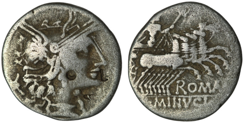 L. Minucius (133 BC). Rome
AR Denarius (20mm, 3,63g)
Obv: Helmeted head of Roma ...