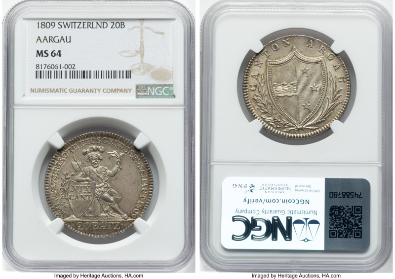 Aargau. Canton 20 Batzen 1809 MS64 NGC, KM17, HMZ-2-20b. Mintage: 14,000. A one ...
