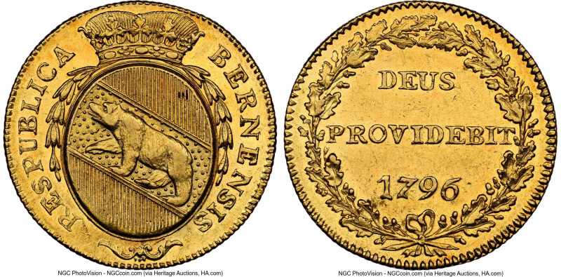 Bern. Canton gold Duplone 1796 AU58 NGC, KM146, Fr-182. A neat example of this s...