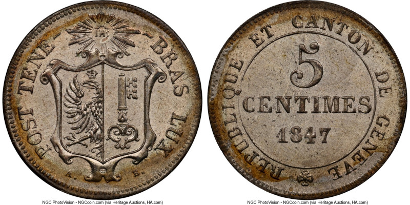 Geneva. Canton 5 Centimes 1847-AB MS67 NGC, KM133. Top pop at NGC. Lustrous and ...