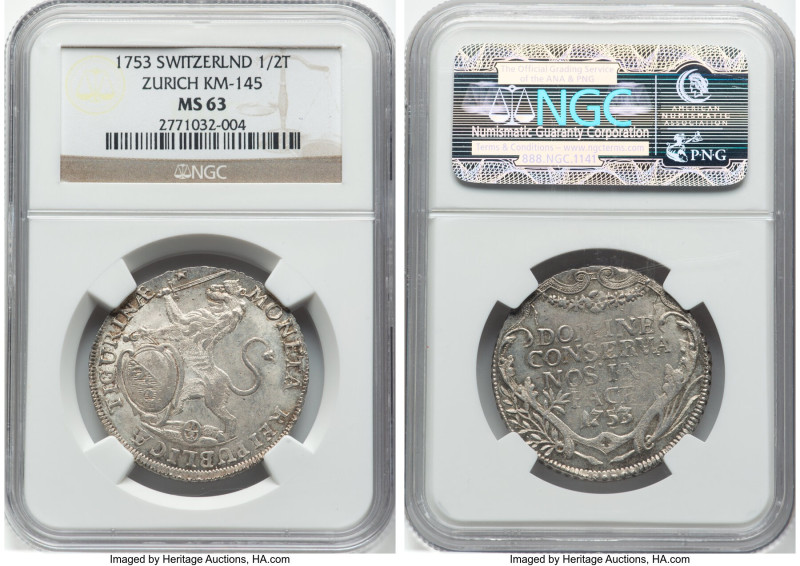 Zurich. Canton 1/2 Taler 1753 MS63 NGC, KM145. Dove-gray resplendence abounds th...