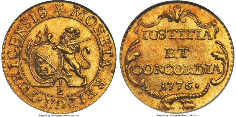 Zurich. Canton gold 1/2 Ducat 1776 MS65 NGC, KM164, Fr-487b. Gorgeous Gem issue ...