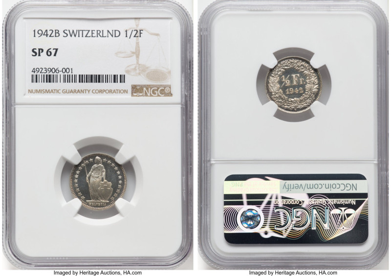 Confederation Specimen 1/2 Franc 1942-B SP67 NGC, Bern mint, KM23. NGC top pop. ...