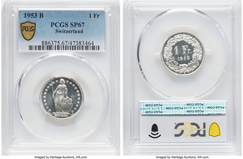 Confederation Specimen Franc 1953-B SP67 PCGS, Bern mint. KM24. Tied for highest...