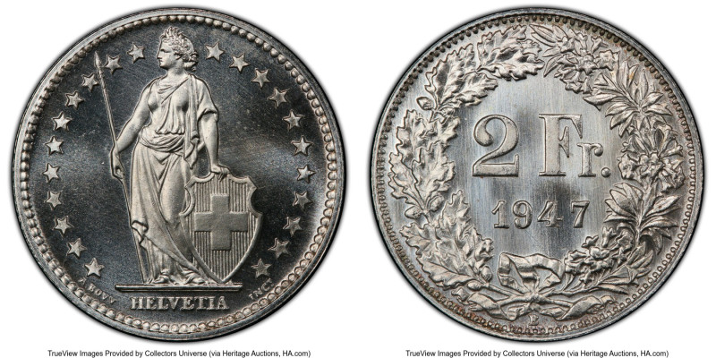 Confederation Specimen 2 Francs 1947-B SP67 PCGS, Bern mint. KM21. Tied for high...