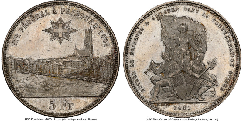 Confederation "Fribourg Shooting Festival" Taler of 5 Francs 1881 MS64 NGC, KM-X...