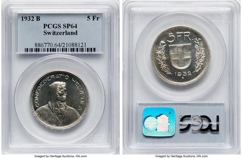 Confederation Specimen 5 Francs 1932-B SP64 PCGS, Bern mint, KM40. HID0980124201...