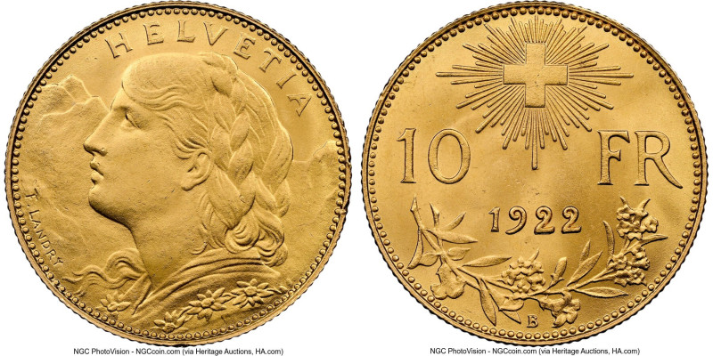 Confederation gold 10 Francs 1922-B MS66 NGC, Bern mint, KM36, Fr-504. HID098012...