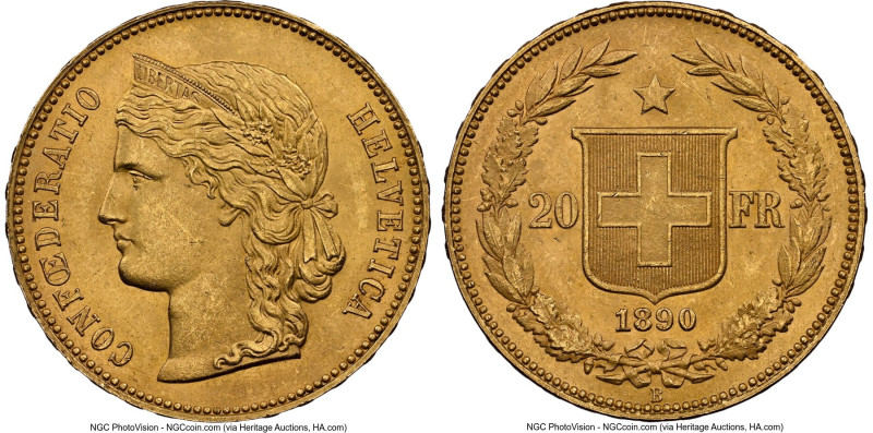 Confederation gold 20 Francs 1890-B MS63 NGC, Bern mint, KM31.3. HID09801242017 ...