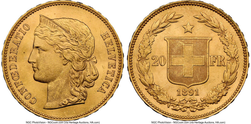Confederation gold 20 Francs 1891-B MS63 NGC, Bern mint, KM31.3, Fr-495. HID0980...