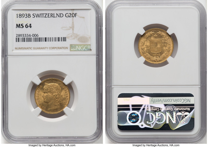 Confederation gold 20 Francs 1893-B MS64 NGC, Bern mint, KM31.3, Fr-495. A fully...