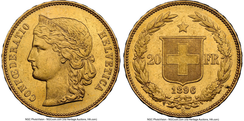 Confederation gold 20 Francs 1896-B MS63 NGC, Bern mint, KM31.3. 3 stars in fron...