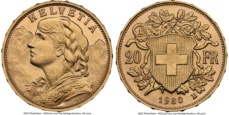 Confederation gold 20 Francs 1930-B MS67 NGC, Bern mint, KM35.1. A beautiful Pre...