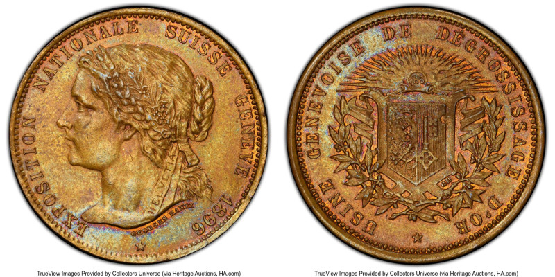 Confederation brass "Geneva National Exhibition" Medal 1896 MS62 PCGS, Unl. 30mm...