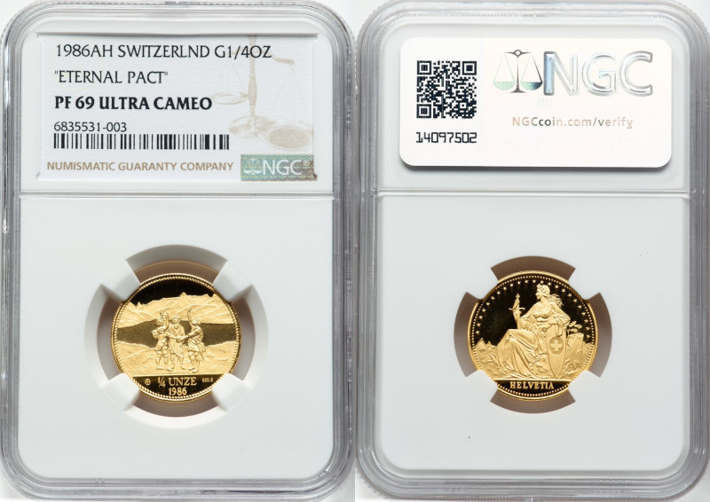 Confederation gold Proof "Eternal Pact" 1/4 Unze 1986-AH PR69 Ultra Cameo NGC, A...