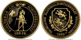 Confederation gold Proof "Thurgau - Weinfelden Shooting Festival" 1000 Francs 1993-HF PR69 Ultra Cameo NGC, Le Locle mint, KM-XS43, Häb-46. Mintage: 2...