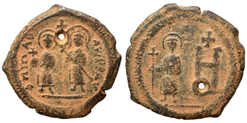 Maurice Tiberius, with Constantia and Theodosius, 582-602. Follis (bronze, 12.02...