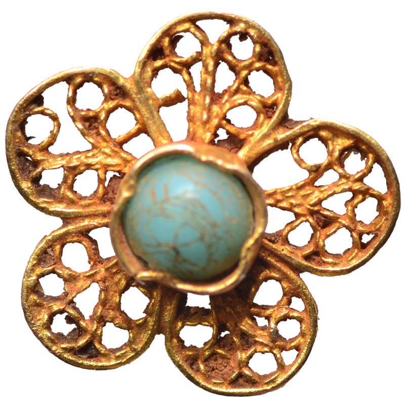 Gold decorative piece with stone, probably part of jewelry (0.34 g, 9 mm). Sold ...